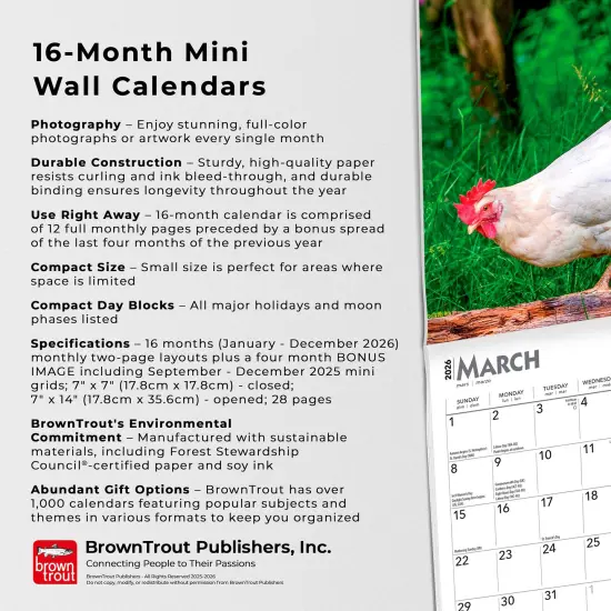 Chickens | 2026 7 x 14 Inch (Hanging) Monthly Mini Wall Calendar {6}