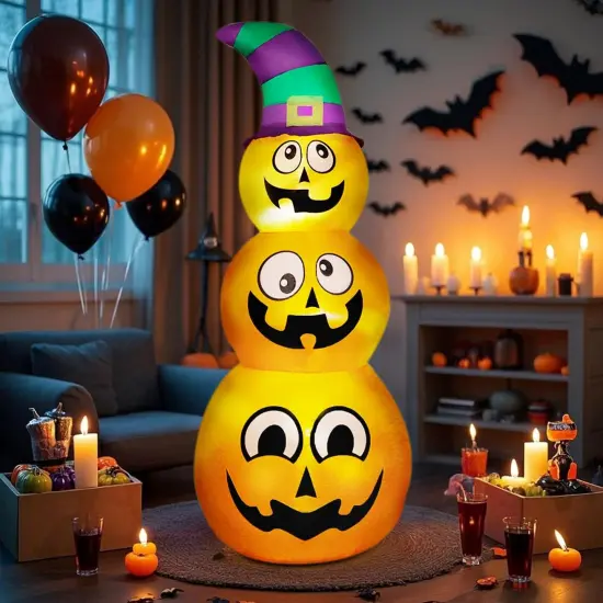 Halloween Inflatables Stacked Pumpkins with Witch Hat {2}