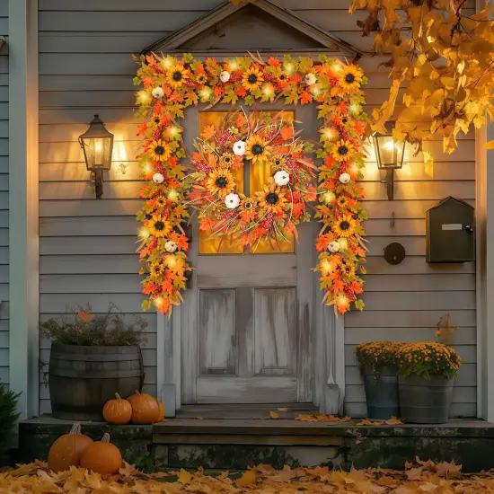 6ft Fall Sunflower Garland with Lights,Autumn Pumpkin Garlands with Berry Leaves {5}