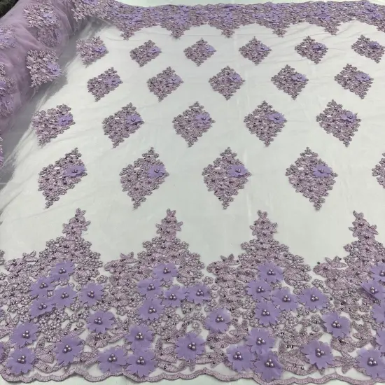 1 Yard Beaded 3D Floral Lace Fabric Embroidered on 100% Polyester Net Mesh 52" Width Lt. Blue {7}