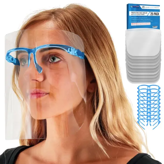 Safety Face Shields with Blue Glasses Frames (Pack of 25) - Ultra Clear Protective Full Face Shields to Protect Eyes Nose Mouth - Anti-Fog PET Plastic {1}