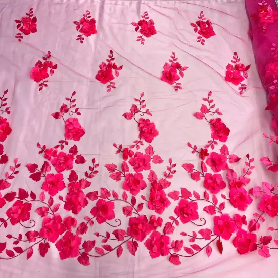 1 Yard 3D Floral Lace Fabric Embroidered Soft Tulle Net Mesh Wedding 50" Width Fuchsia {1}