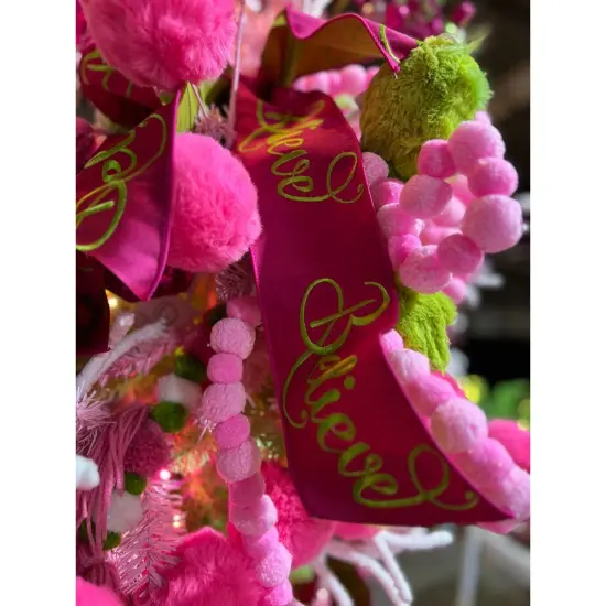 4" Embroidery Believe Ribbon: Hot Pink/Lime Green (5 Yards) {3}