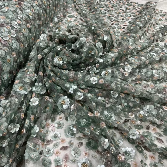 1 Yard Beaded and Sequined Lace Fabric Embroidered Net Mesh 54" Width Mauve {3}