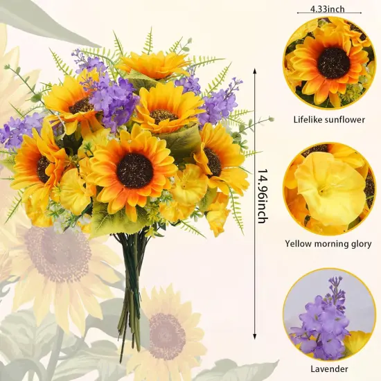 Artificial Sunflowers 14.96" Silk Flowers, Yellow Faux Wildflower Sunflowers Floral Arrangements Bouquet for Home, Kitchen, Table Centerpieces Decor {2}
