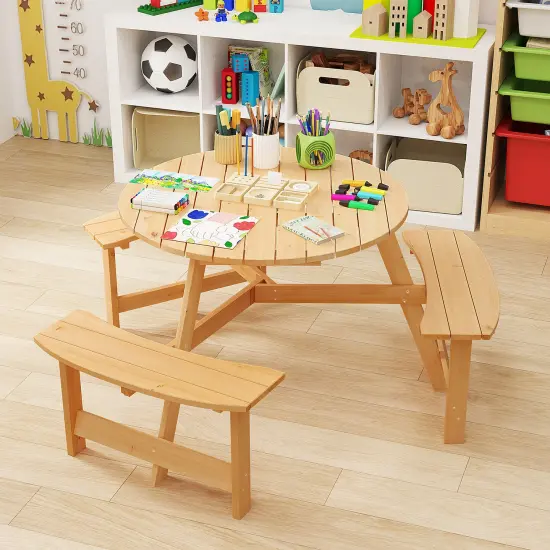 Natural Fir Wood Round Kids Picnic Table Set with Benches and Umbrella Hole {6}