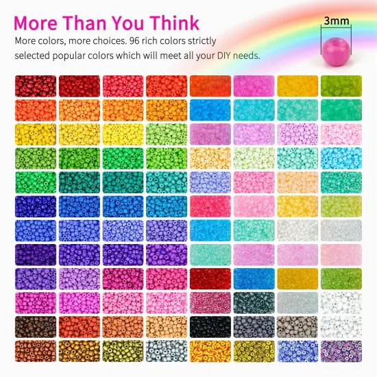 Friendship Bracelet Kit 3mm Seed Beads, 30000 Pcs 8/0 Glass Seed Beads 96 Colors Small Beads Bulk with Letter Bead Charms for Jewelry Making Girls Rings Necklaces Waist Chain DIY Craft Gift {5}