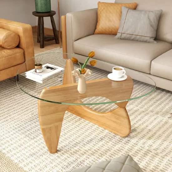 Natural Glass Coffee Table with Adjustable Wood Base, Modern Triangle {2}