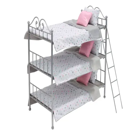 Badger Basket Scrollwork Metal Triple Doll Bunk Bed with Ladder and Bedding - Silver/Pink/Stars {1}