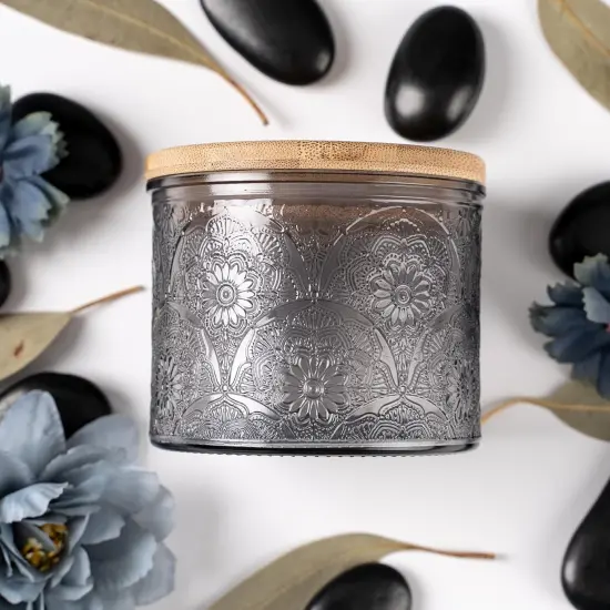 10 oz Embossed Glass Candle Container with Bamboo Lids and Labels - Pack of 9 {1}