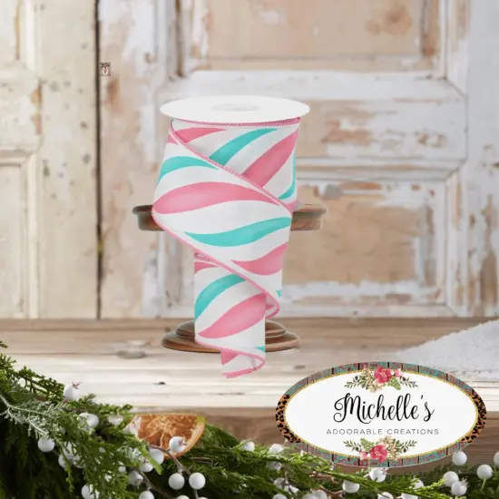 2.5" Swirl Candy Stripe Ribbon: Pink/Ice Blue (10 Yards) {2}