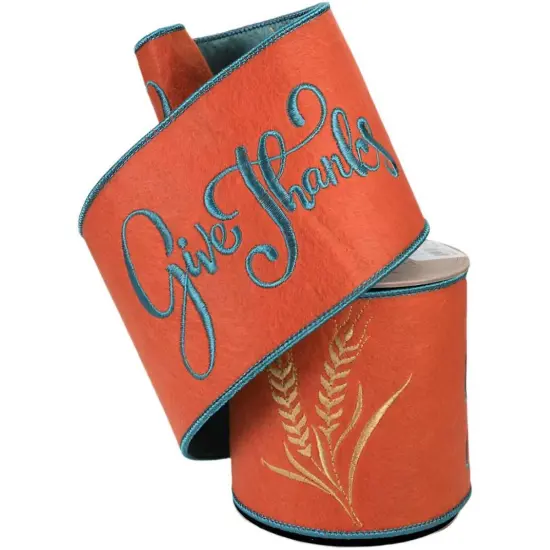 4" Embroidery Give Thanks Felt Ribbon: Orange (5 Yards) {5}