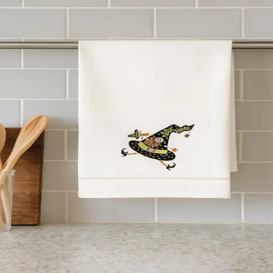 Ms. Muffet Cream & Black Witch Hat Halloween Flour Sack Embroidered Dish Towel {3}