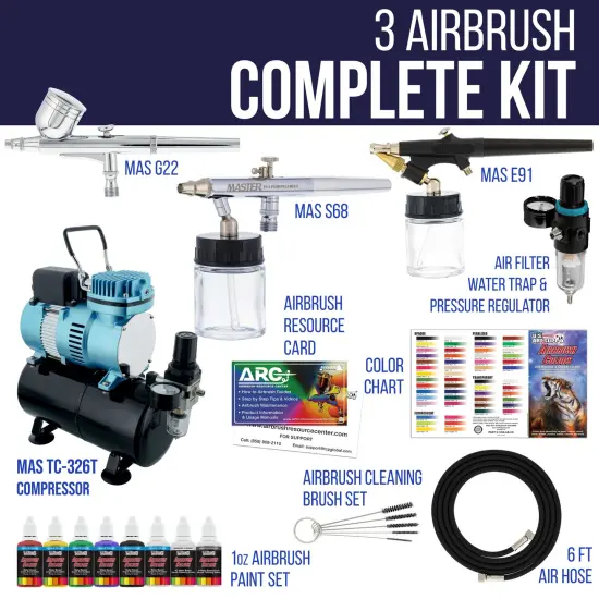 Master Airbrush Multi-Purpose Airbrushing System with 3 Airbrushes, 6 U.S. Art Supply Primary Acrylic Paint Colors, Cool Running Air Compressor {2}