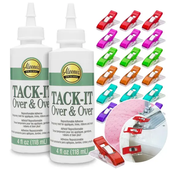 Aleenes Tack-It Over & Over Liquid Glue (2-Pack) (4 oz) + 20 Pixiss Fabric Clips &ndash; Perfect for Temporary Fabric Bonding, Crafts, and Appliqu&eacute; Projects {1}
