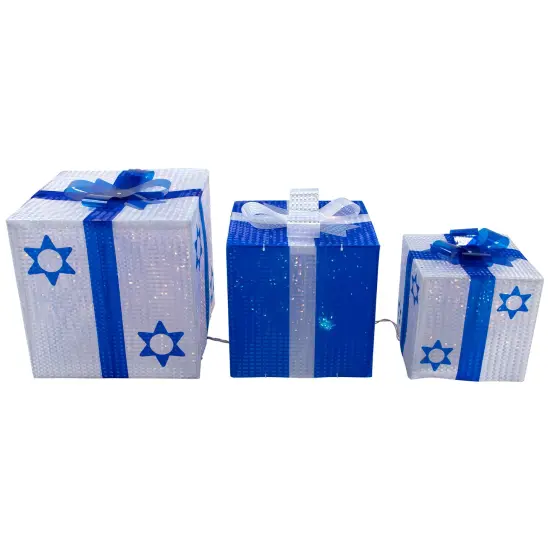 Northlight 3pc White and Blue Shimmering Lighted Hanukkah Gift Box 12" {5}