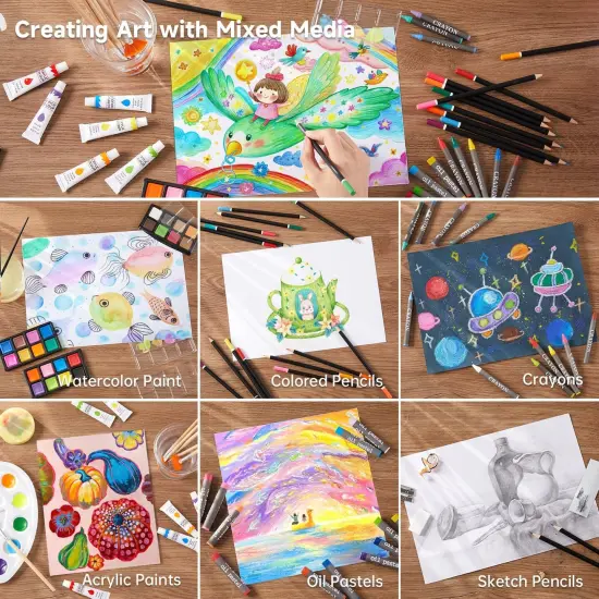 Deluxe Gift Art Kit, 202-Piece Wooden Art Supplies Set with 4 Drawing Pads, Canvases, Coloring Sheets, Acrylic Paint, Crayons, Oil Pastels, Colored Pencils for Kids {4}