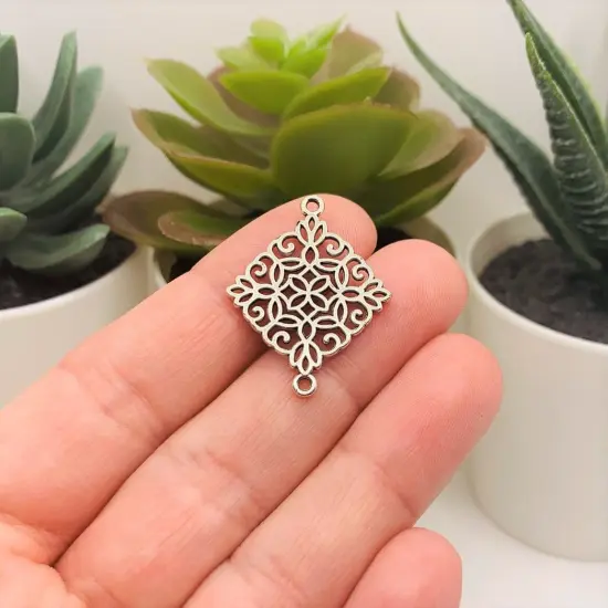 Silver Filigree Rhombus Connector Charms, 28x22mm {2}