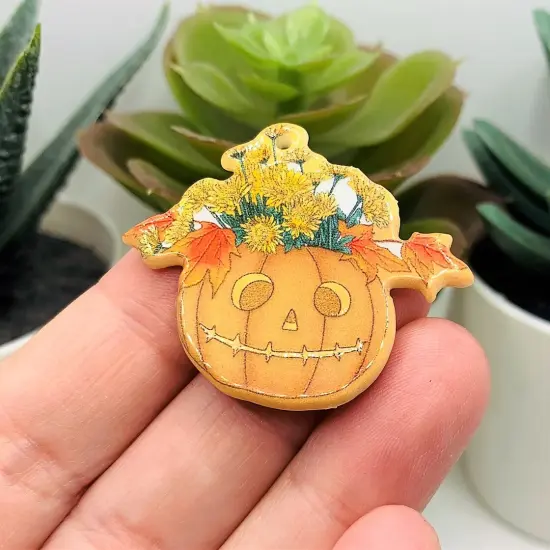 Halloween Jack O' Lantern Flower Basket Pendant, 33x38mm {4}