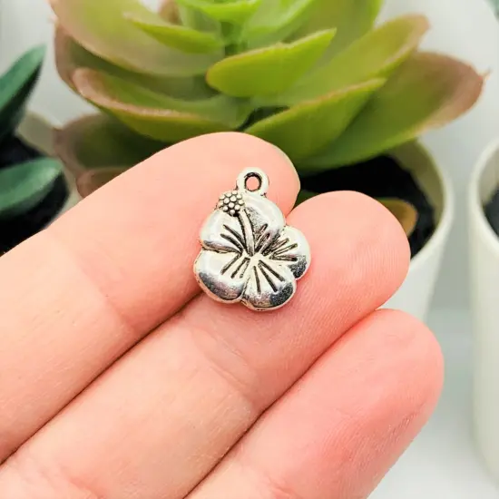Silver Hibiscus Hawaiian Flower Charms, 16x13mm {3}