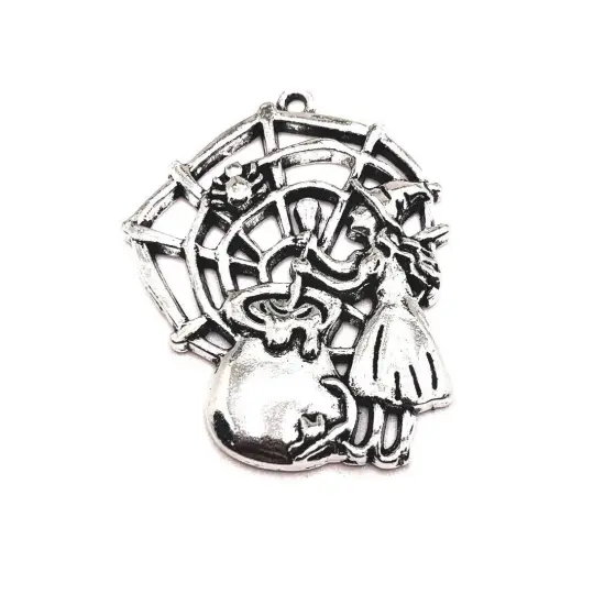 Large Silver Witch with Spider Web and Cauldron Pendant, 40x33mm {2}