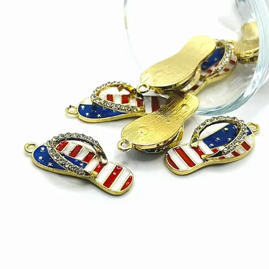 Red White and Blue Enamel Gold Plated Flip Flop Sandal 3D Charms with Rhinestones, 33x12mm {1}