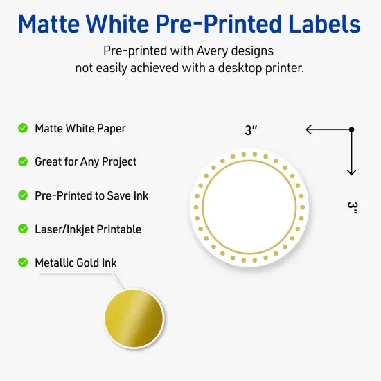 Avery Printable Round Labels, Gold Border with Gold Dots, 3" Diameter, Matte White Round Labels, Permanent, Laser/Inkjet, 60ct, Great for Product Labels {2}