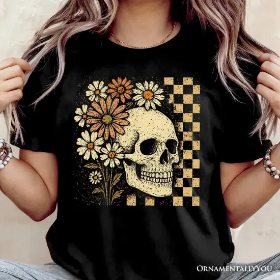 Checkered Floral Skeleton T-Shirt, Vintage Skull Daisy Halloween Tee {5}