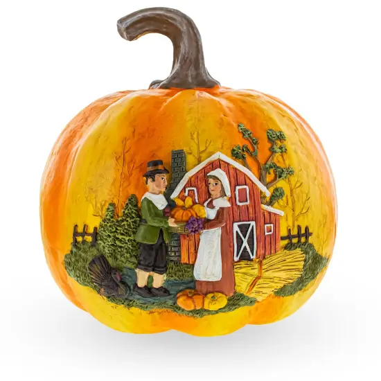 Harvest Pumpkin Pilgrim Scene Thanksgiving Decoration with Rustic Barn Design Figurine {1}