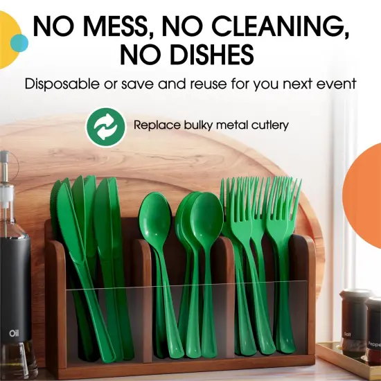 Exquisite Polished Plastic Silverware &ndash; 150 Pcs Heavy Duty Cutlery Set &ndash; 50 Each of Forks, Knives & Spoons &ndash; Disposable Utensil Set for Parties, Events & Catering &ndash; Flatware Set by Party Solids Emerald {5}