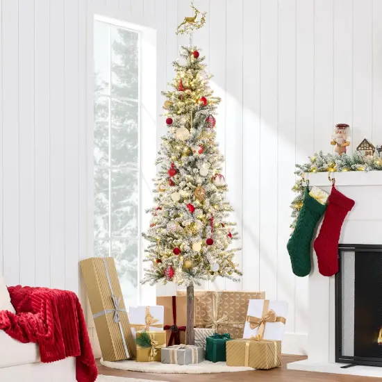 Flocked Pencil Christmas Tree Slim Alpine Green Tree with 250 LED Lights, Snowy Branches & Metal Stand {2}