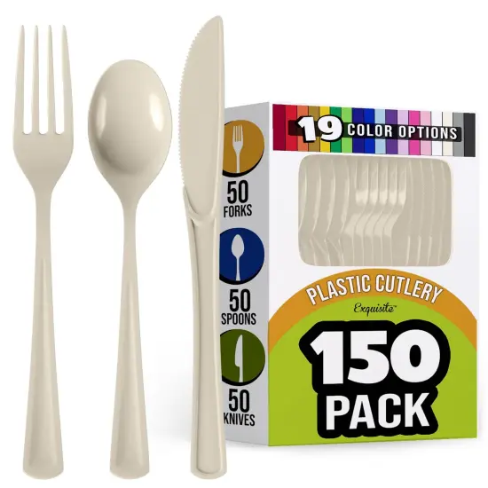 Exquisite Polished Plastic Silverware &ndash; 150 Pcs Heavy Duty Cutlery Set &ndash; 50 Each of Forks, Knives & Spoons &ndash; Disposable Utensil Set for Parties, Events & Catering &ndash; Flatware Set by Party Solids Ivory {1}