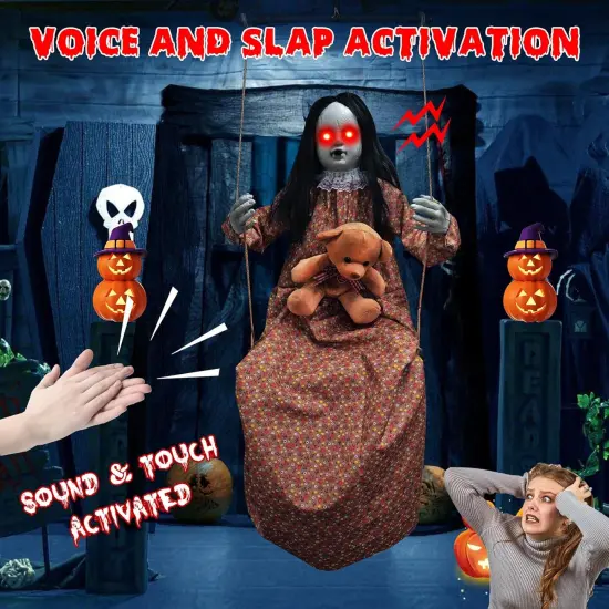 Halloween Hanging Girl with Bear Doll - Light Up Eyes and Sound & Slap Activated {2}