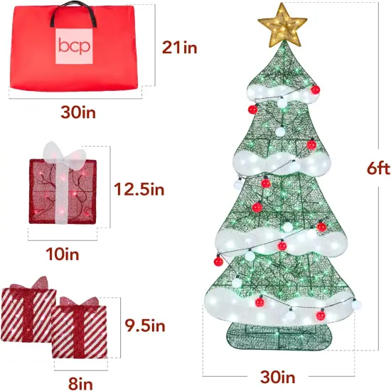 6ftLighted 2D Christmas Tree Outdoor Holiday Display with LED Lights, Gift Boxes & Storage Bag Red/White {6}