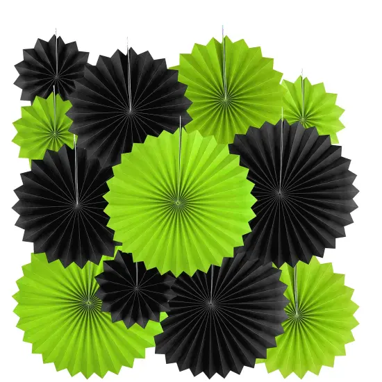 Black Green Party Hanging Paper Fans Decorations - Tropical Jungle Animal Birthday Party Ceiling Hangings Graduation Bachelorette Party Photo Booth Backdrops Decorations, 12pc {1}