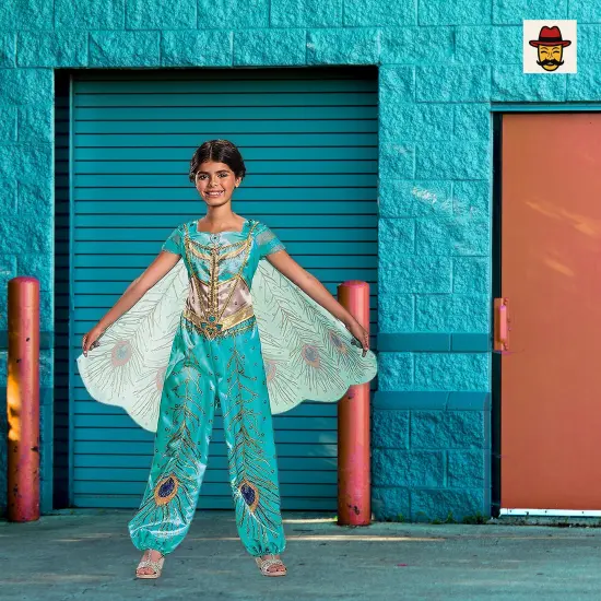 Girls Jasmine Classic Costume, Teal Jumpsuit Glitter Gold Peacock Print {3}