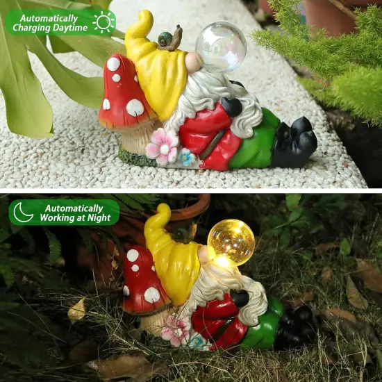 Garden Statue Gnome Outdoor Decor, Funny Gnome Figurine Lying on Mushroom with Crackle Glass Globe Lights, Waterproof Resin Gnome Ornament Tabletop Decorations for Porch Lawn Yard Decor {3}