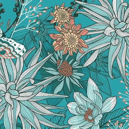 Teal Dahlias at Dusk Dahlias & Butterflies Cotton 44"/45" Fabric Per Yard {1}