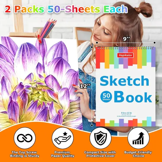 9" x 12" Sketch Book, 2-Pack 50 Sheets Spiral Bound Art Sketchbook, Acid Free Artist Drawing Book Paper, Art Supplies for Adults Kids, Craft Activities, Sketch Paper for Drawing Coloring Sketching {5}