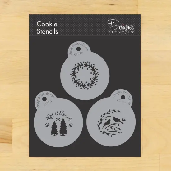 Mini Let it Snow Cookie & Cupcake Stencil: Wreath, Trees, Winter Lovebirds | C797 by Designer Stencils | Cookie Decorating Tools | Baking Stencils for Royal Icing, Airbrush, Dusting Powder | Reusable Food Grade Stencil | Easy to Use & Clean {1}