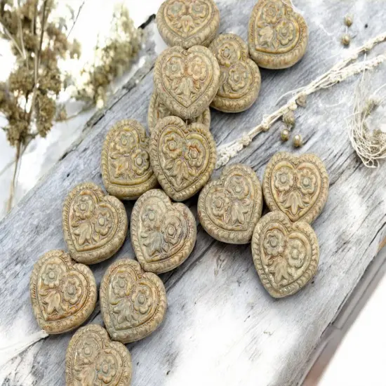 *6* 17mm Opaque Oyster Travertine Floral Heart Beads {1}