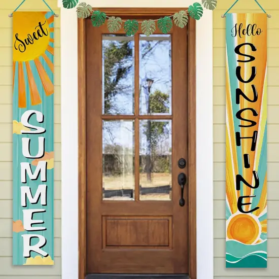 Sweet Summer Boho Sun Porch Banner Sign, Hello Sunshine Sunrise Cloud Bohemian Front Door Decorative Hanging Banner Flag, Yellow Teal Seasonal Decoration Home Outdoor Decor {5}