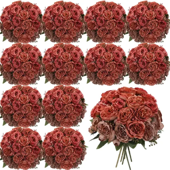 16 Bundles Artificial Peonies Flowers - Orange, Brown {1}