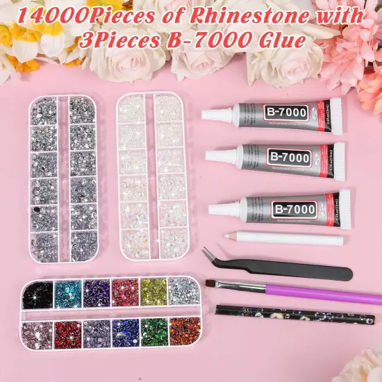 14000Pcs 14 Colors Flat Back Rhinestones with B7000 Glue - Multicolor {2}