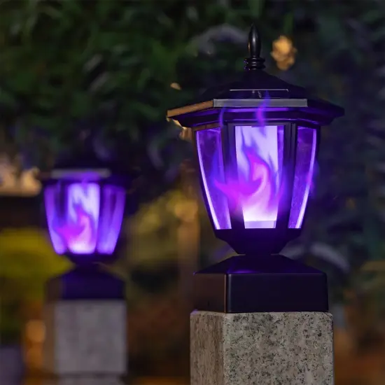 2 Pack - Solar Flame Post Cap Lights Outdoor, Halloween Flickering Purple Flame {6}