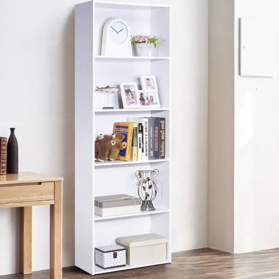 Modern Space-Saving 5-Tier Bookcase with Large Storage Shelf and Stable Base for Decorative Item White {2}