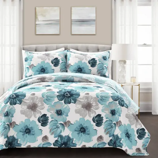 Floral Reversible Lightweight 3 Piece Quilt Set Soft Microfiber Bedding for Spring and Summer {7}