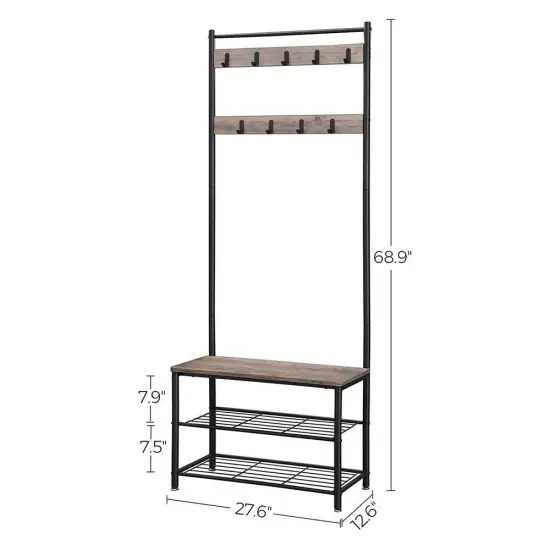 Greige Modern Entryway Coat Rack with Shoe Storage Bench 9 Hooks and Black Steel Frame {3}