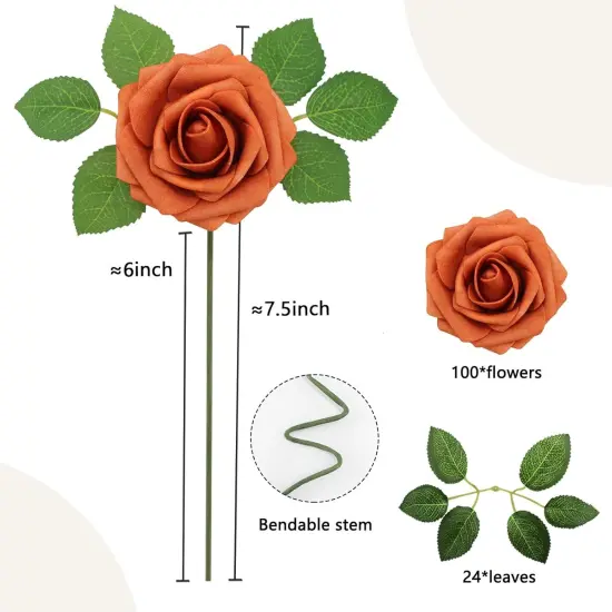 100PCS Artificial Flowers - Burnt Orange Roses {4}