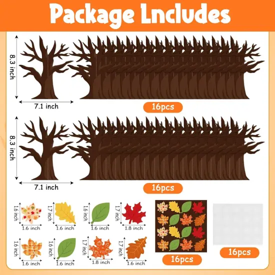 16Pcs Fall Thankful Trees Craft Kits for Kids, Autumn Maple Oak Leaves Make Your Own DIY Thanksgiving Trees Decoration Thankful Craft Kit Supplies Home School Fun Activities for Kids {3}